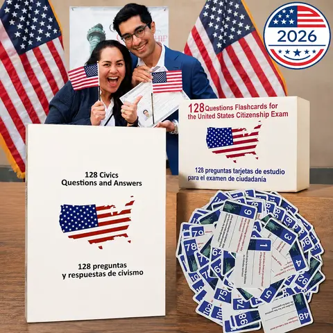 Bilingual English-Spanish US Citizenship Flash Cards 2026 - 128 USCIS Civics Q&A, Booklet Combo, Naturalization Essential Study Tool for Spanish Speakers, Durable Cardstock Travel Tool That Resists Wear & Tear