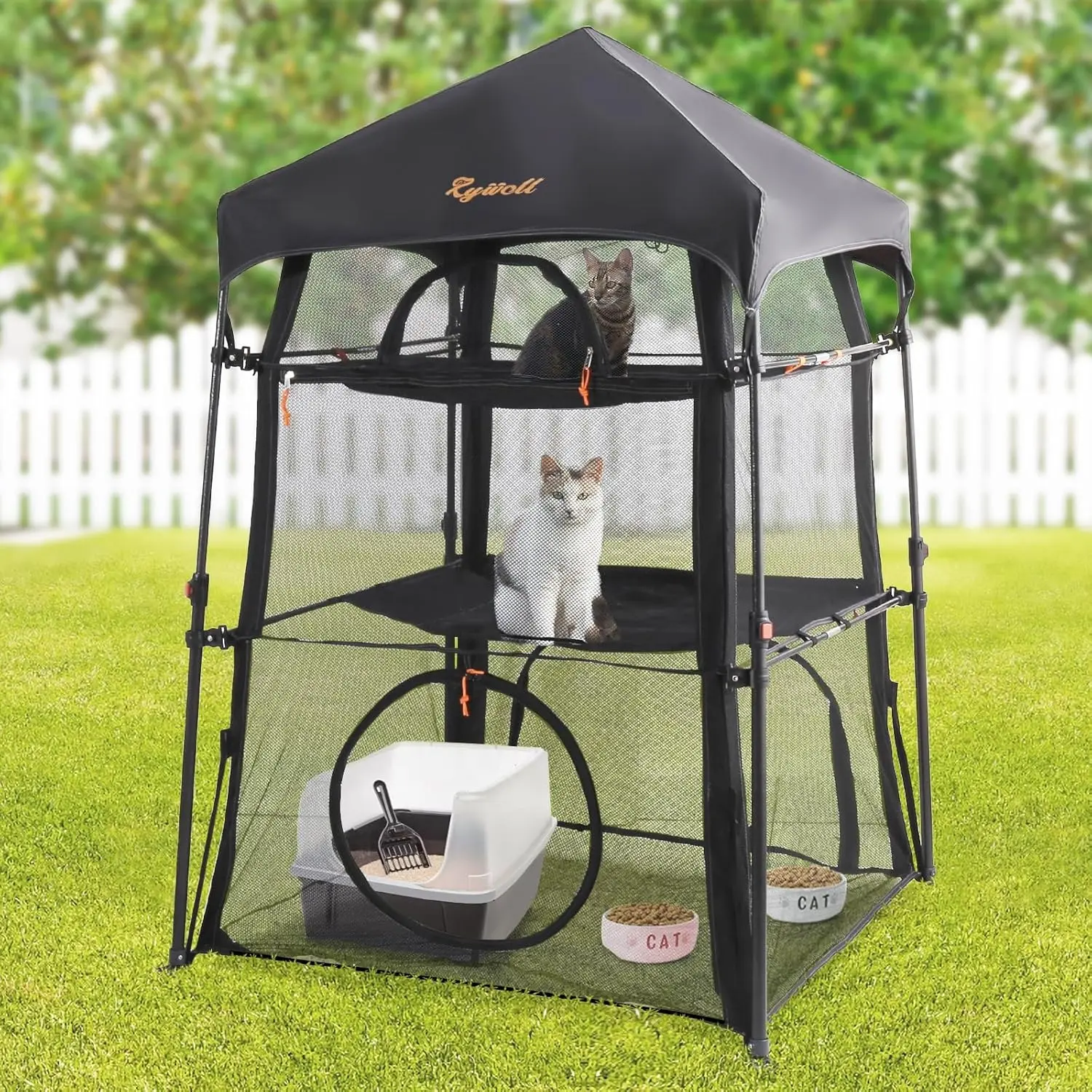 Elegear Modern Steel Mesh Portable Extra Large Cat Litter Box Enclosure, 3-Tier Spacious Design, 5 Windows, Weatherproof & Sunproof, Carry Bag for Patio, Balcony, Camping Pet Supplies, Multi-Level Play