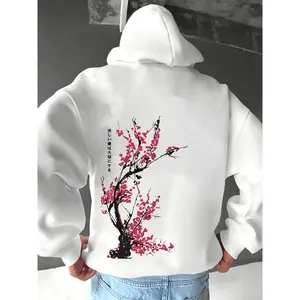 Men's Cherry Blossom Print Casual Hoodie - 100% Polyester Knit Fabric, Slight Stretch, Loose Fit, Spring/Fall Wear, Ideal Gift for Fashionable Men