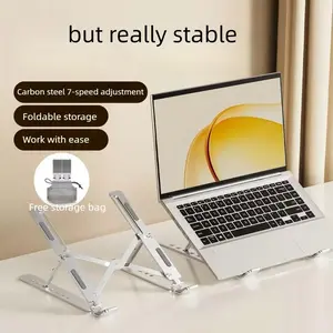 Carbon steel laptop stand with cooling and height adjustment, portable metal support for gaming laptops and tablets.