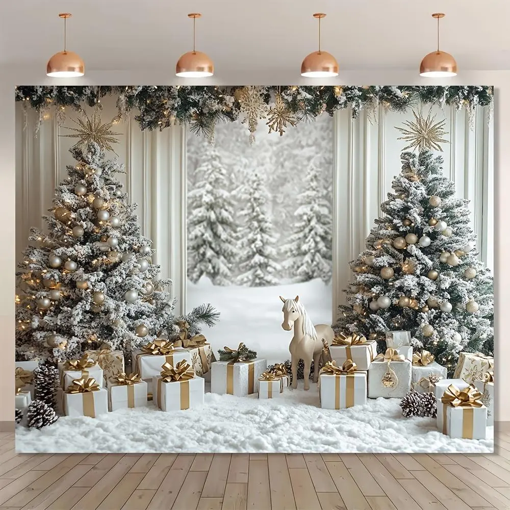 Polyester Christmas Photo Backdrop Cloth - Snowy Trees, Gifts, Ornaments Design, No-Electricity Backdrop Picture for Winter Celebrations, Birthday Parties, Festive & Party Decoration Supplies
