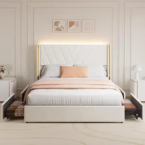 Upholstered Led Bed Frame With 4 Storage Drawers-Full