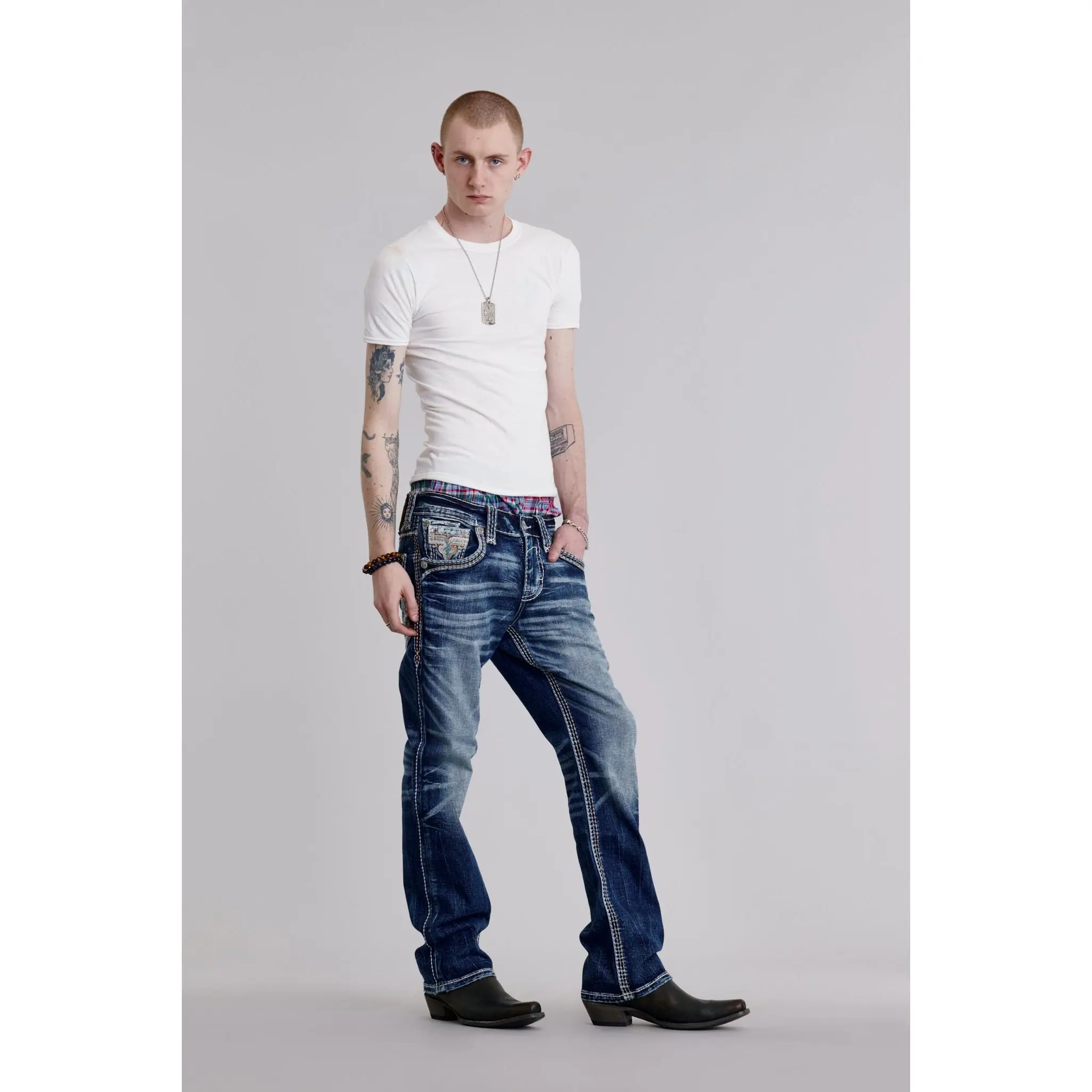 Rock Revival Zaid In Dark Blue Bootcut Jeans, Embroidery, Mensfashion, Bootcut Men's Jeans, Patch Adds Identity, Menswear, Stretch