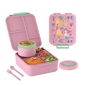 Kids Bento Lunch Box Set With 8oz Soup Thermo, Leakproof Lunch Containers with 5 Compartment, Thermo Hot Food Jar and Insulated Lunch Bag, BPA Free,Travel, School -Blue and Pink