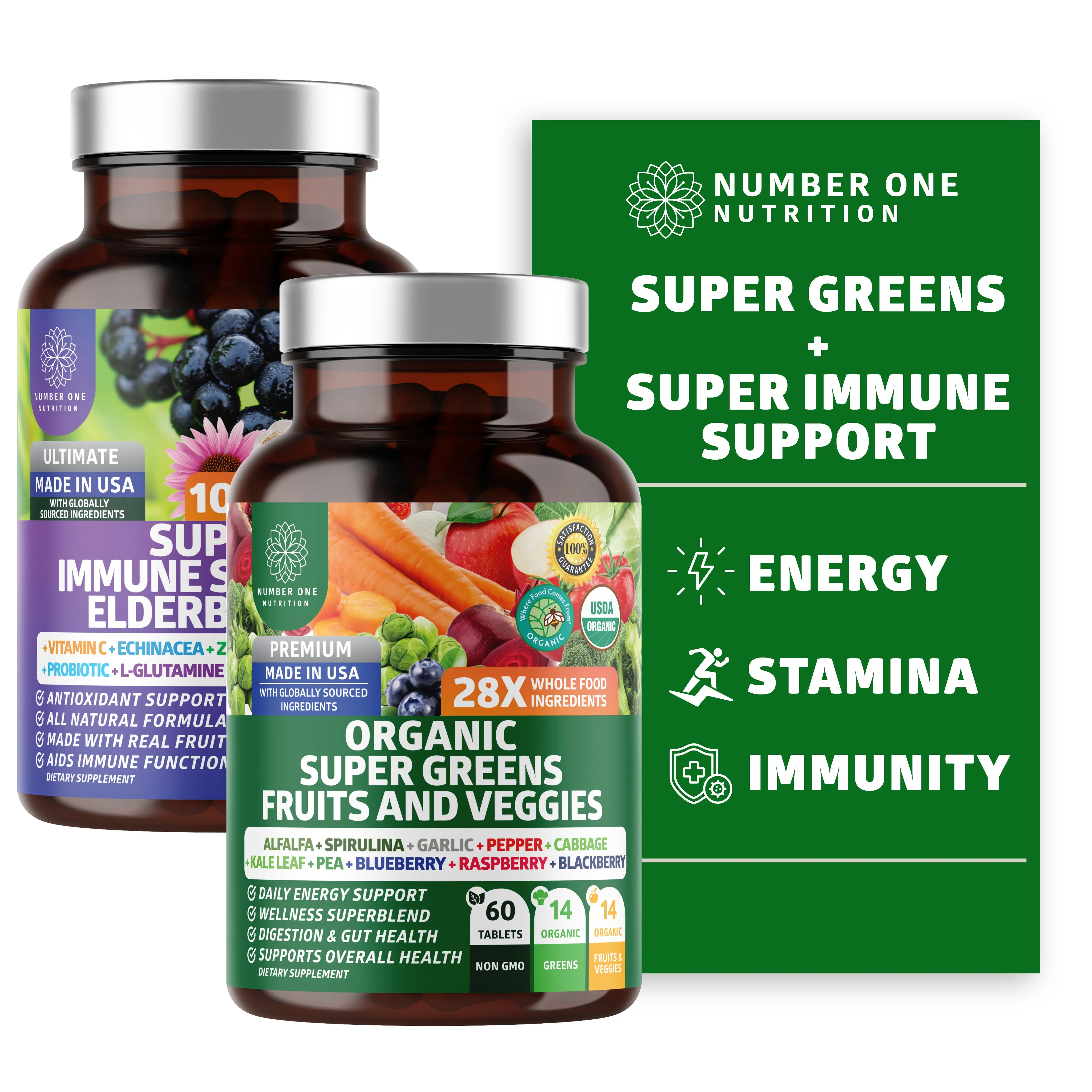 Organic Super Fruits & Veggies + Immune Support [38 Powerful Ingredients], Natural Super Greens Supplement with Alfalfa, Vitamins & Minerals, Zinc, Turmeric and Probiotic, 120 Caps