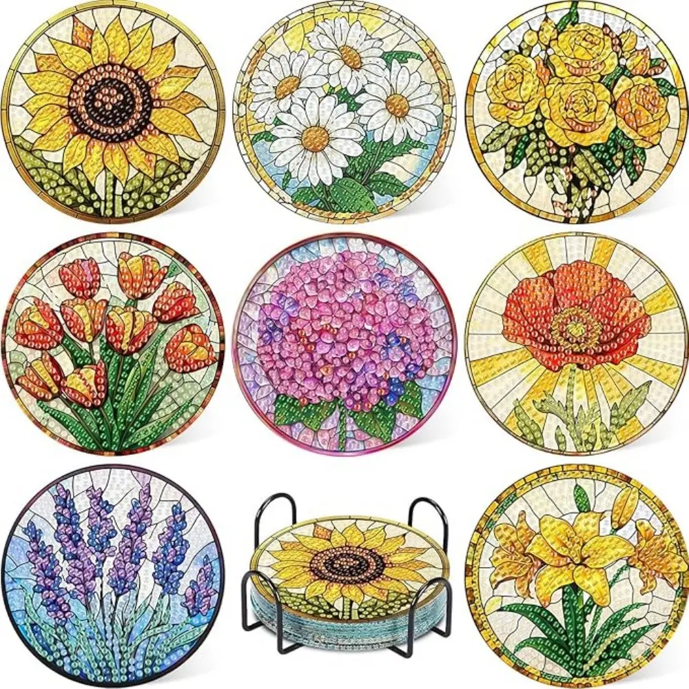 8-Piece Diamond Embroidery Coaster Set Flower Pattern (with Stand), DIY Diamond Art Craft Kit for Beginners, Home Decoration Gift, Diamond Painting Kits, Diy Craft Supplies