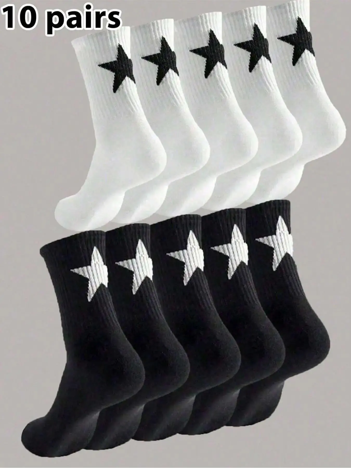 10 Pairs Street Style Star Pattern Mid-Calf Socks, All Season Socks, Socks Men, Athletic Socks, Workout Socks, Breathable Sweat-Absorbing Fabric, Unisex Sports Socks for Daily Wear