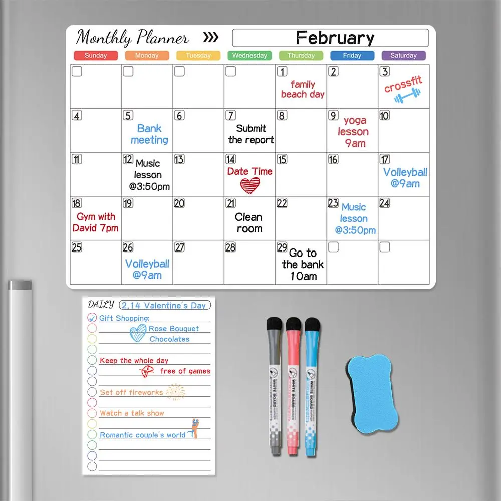 Magnetic Dry Erase Calendar, Erasable Calendar, 1 Set Monthly Calendar Whiteboard with 3 Dry Erase Markers & 1 Eraser, Daily Planner, Home Planner for Fridge, Office Stationery & Supplies, Weekly Planner