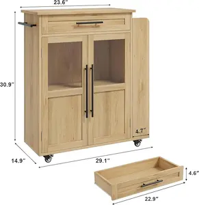 24" Island Table for Kitchen Kitchen Island Cabinet with Glass Cabinet Door, Coffee Bar Table with Spice Racks and Towel Rack Storage Shelf for Kitchen Dining Room, White and Natural
