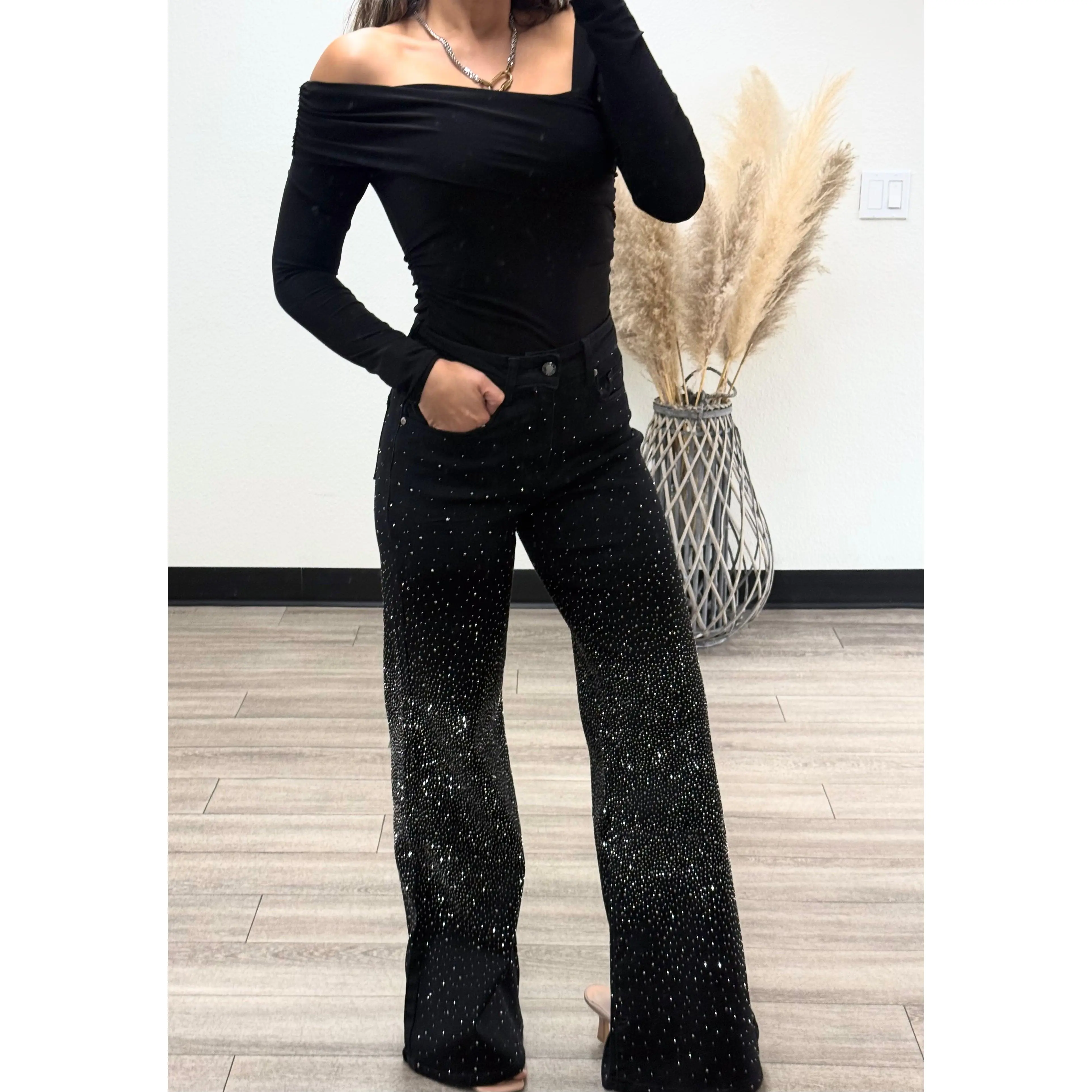 Black Diamond Rhinestone High Waisted Jeans INSEAM 32"-33"