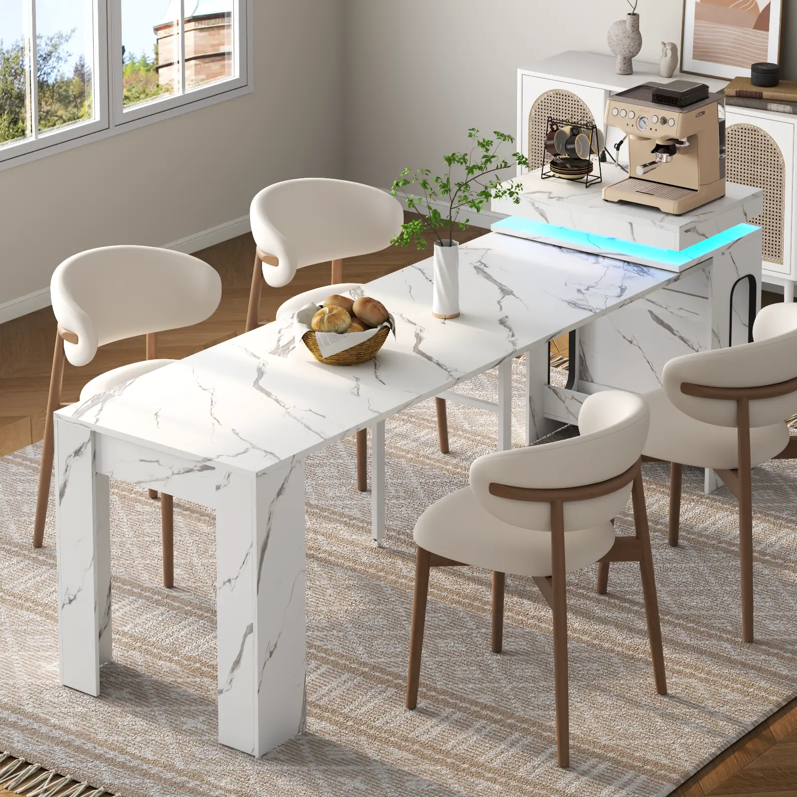 Loomie Sturdy Rectangle Extendable White Faux Marble Dining Table with Metal Base, Charging Station (2 AC Outlets, USB Ports), LED Lights, Waterproof Surface, 19.7"-98.4" Size, 4.92-foot-long Power Cord, Indoor Kitchen Furniture for 6-8 People, Dining Tab