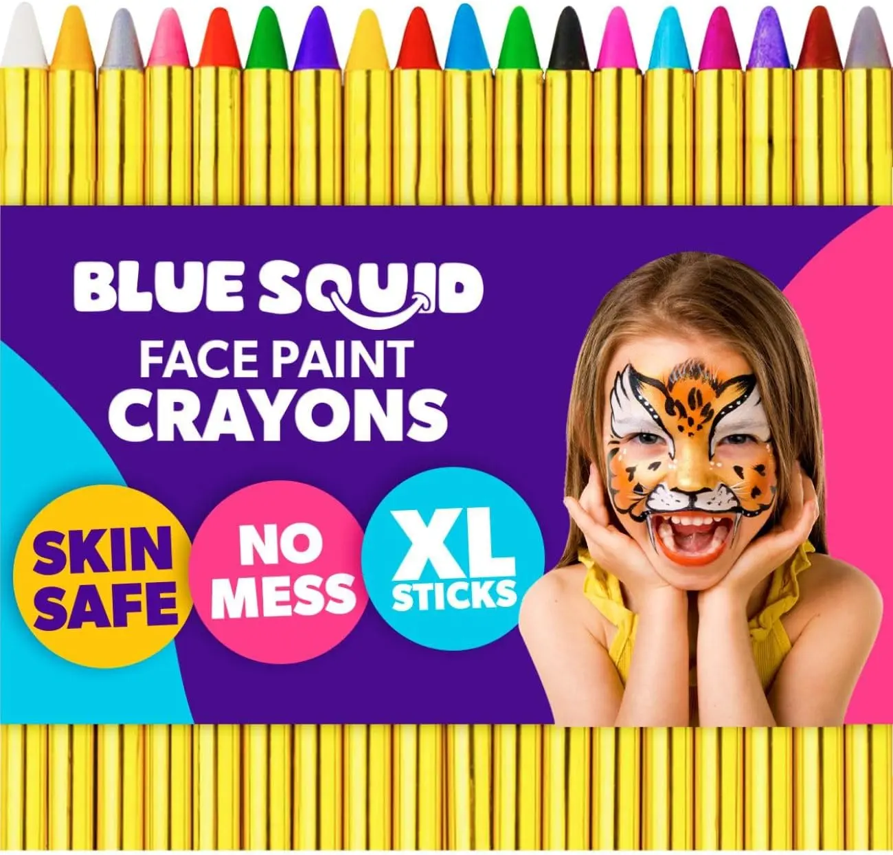 Blue Squid 18pcs XL Washable Face Paint Crayons for Kids Non-Toxic Safe for Sensitive Skin Easy Application Perfect for Parties Playtime and Creative Fun