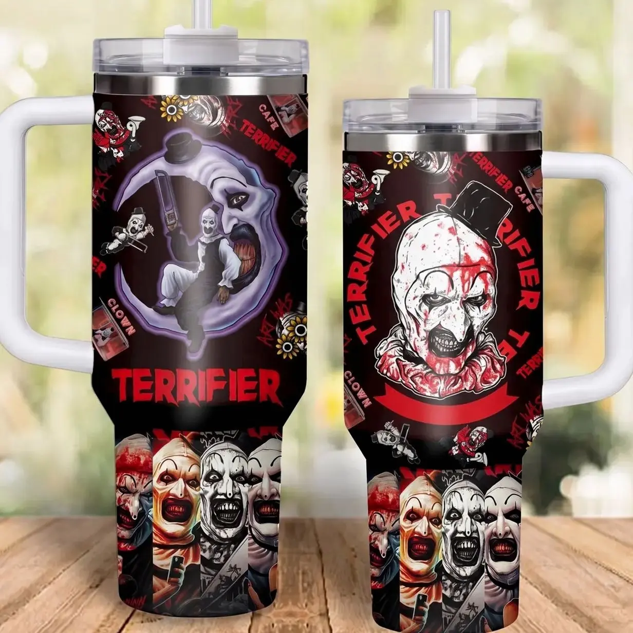 Terrifier Art the Clown Summerween Tumbler with Handle, Slasher Horror Movie 40oz Insulated Travel Mug, Creepy Midyear Halloween Spooky Gift Cup, Stainless Steel Iced Coffee Tumbler, Gory Splatter Film Merch, Unique Birthday Gift for Horror Fans