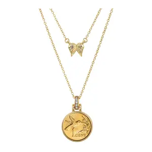 Hummingbird Coin Pendant Double Chain With Angel Wings