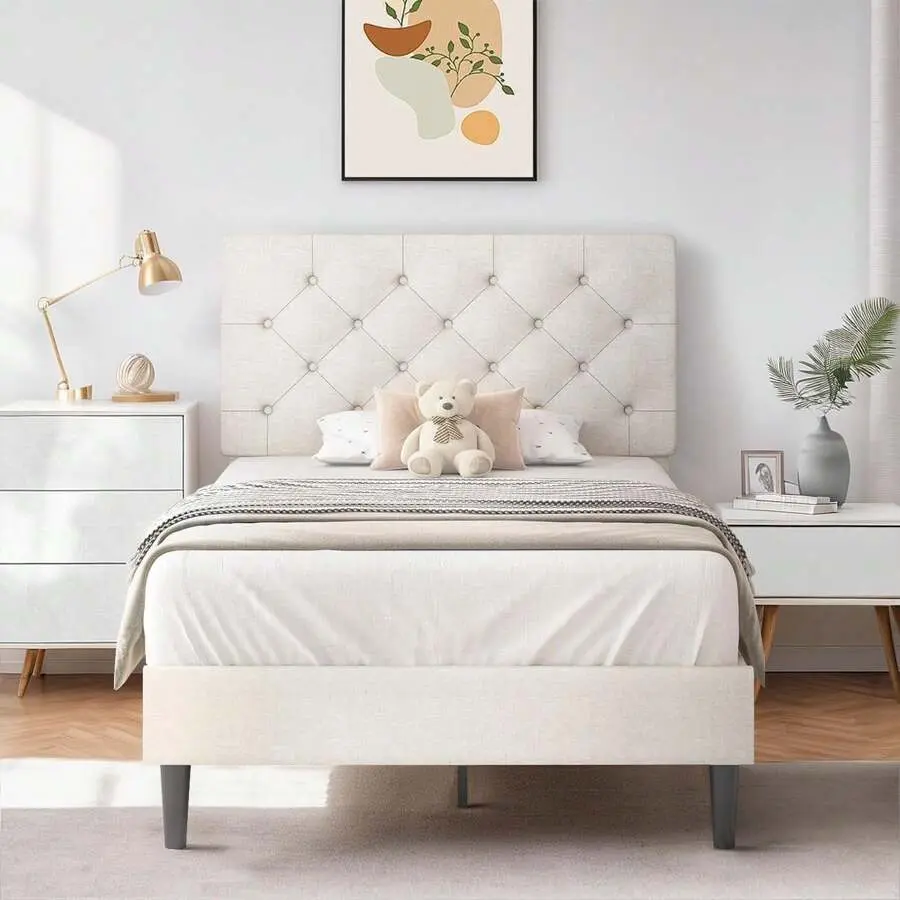Upholstered    Headboard, Linen Fabric    Button Tufted Headboard, No Box Spring Needed, Easy Assembly, Twin/ Full/ Queen/ King, Beige/ Pink/ Dark Grey/ Grey/ Blue/ Cream/ Black Bed Frame with Size Gingham Daybed Trundle, 8 To 12 Inches, Adjustable, Sturd