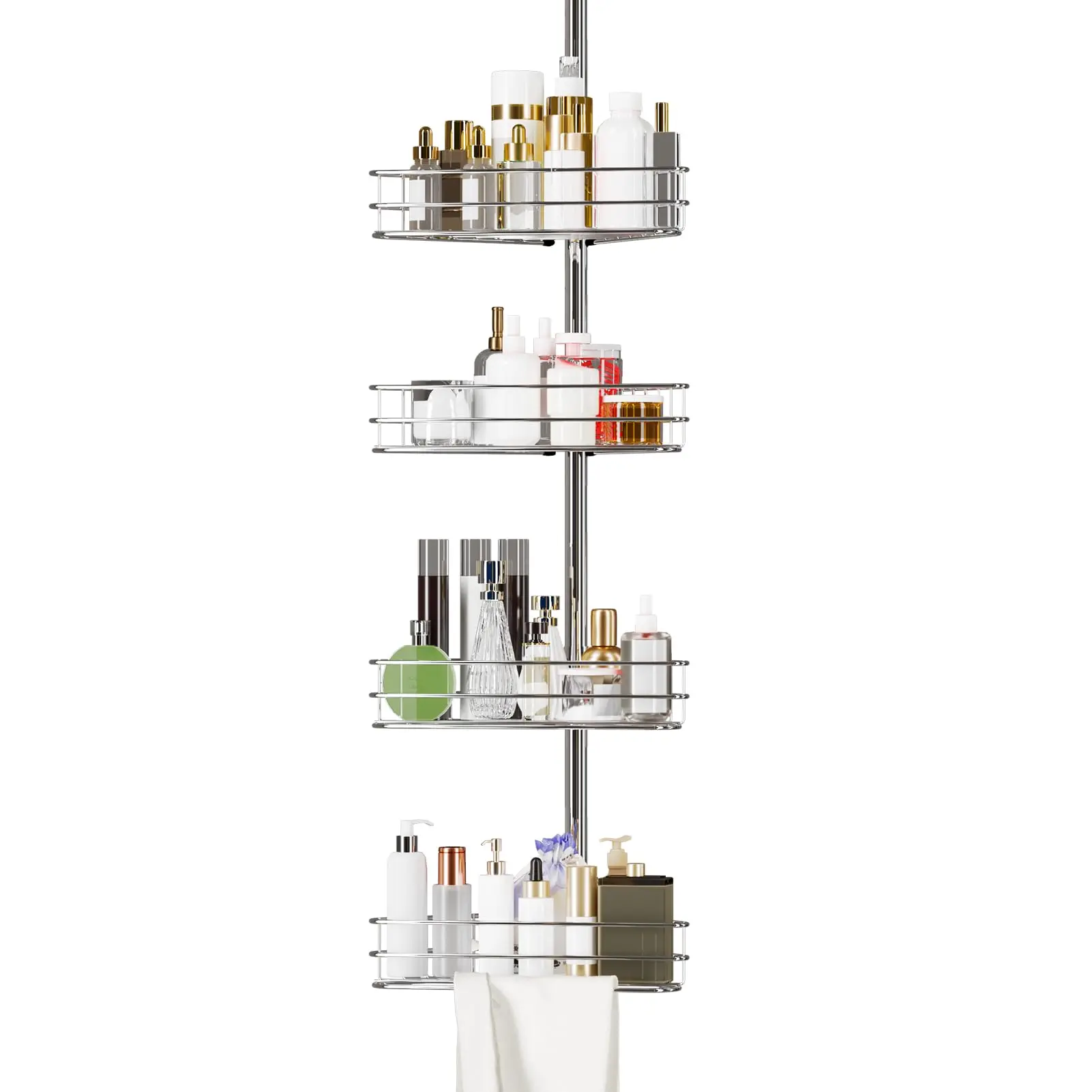 Garvee Adjustable Corner Shower Caddy Tension Pole, 76-110 Inch, 4-Tier Bathroom Organizer with Towel Bars, Space-Saving Rustproof Silver Shower Shelves for Bathroom Storage