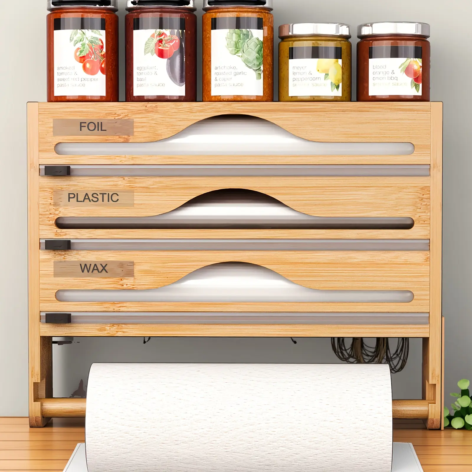 Bamboo Plastic Food Wrap Cutter with Napkin Holder, Wall-Mounted Aluminum Foil Paper Cutter, Three-Grid (four-In-One) Kitchen Organizer Rack, Kitchen Utensils Holder, Kitchen Gadget