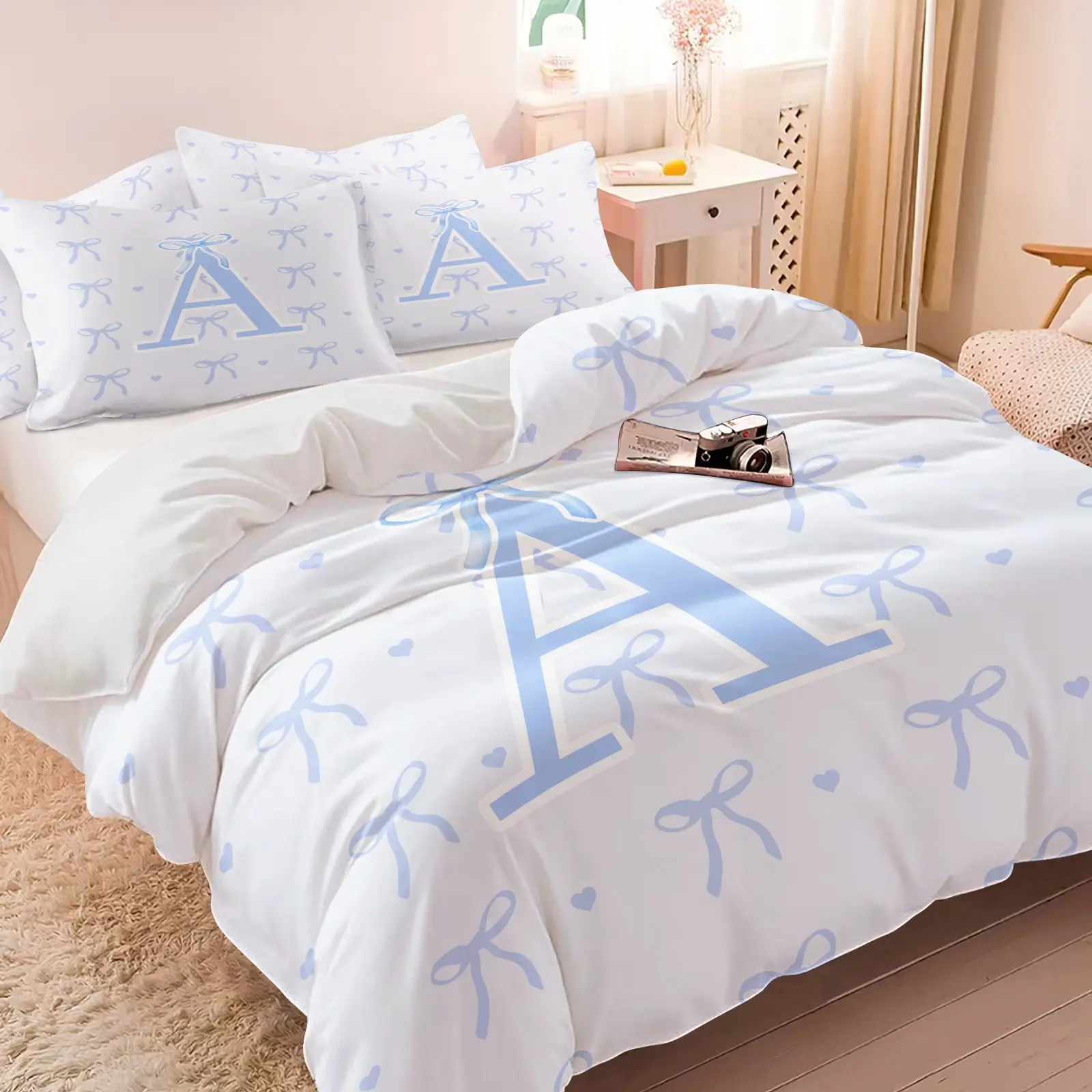 2/3Pcs Light Blue Coquette A-Z Initial Duvet Cover Set, No Filler, Bow Heart Print Comforter Cover, Preppy Aesthetic Soft Pastel Bedding Set with Pillowcases, Girls Teens Bedroom Decor