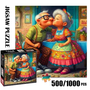 1pc 1000 piece adult puzzle 58x58cm Cartoon - style Elderly Couple Kissing in a Colorful Outdoor Setting 500 pieces paper jigsaw puzzle suitable for DIY creative games for adults and families, birt