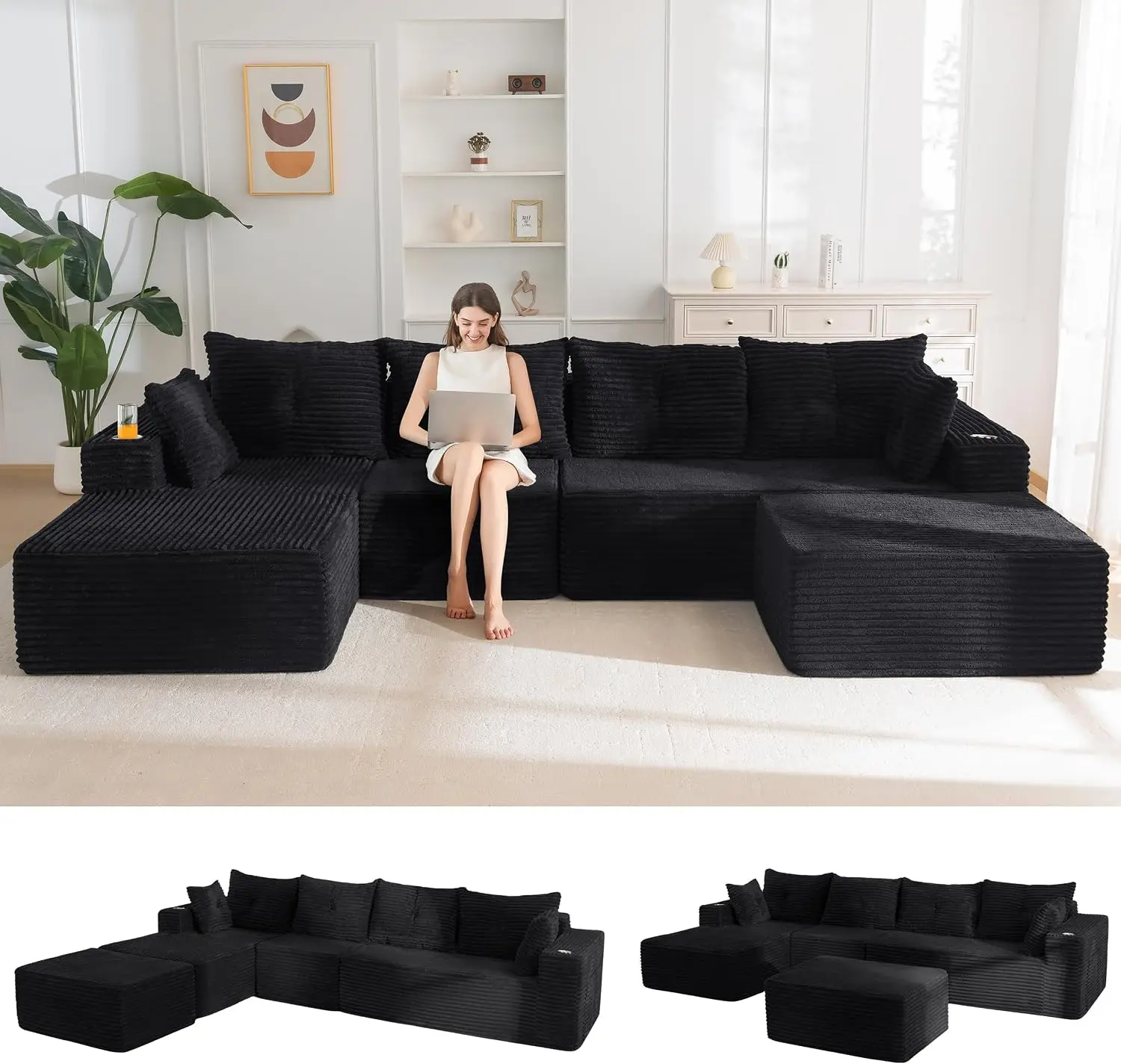 [2 Packs Shipped] MAXYOYO 132" Large U-Shaped Sectional Sofa,  Modern Boneless Couch for Living Room, Sofa in A Box, Oversized Sofa Sleeper with Deep Seat, Convertible Corduroy Sectional Sofa, No Assembly Required, SohoChic