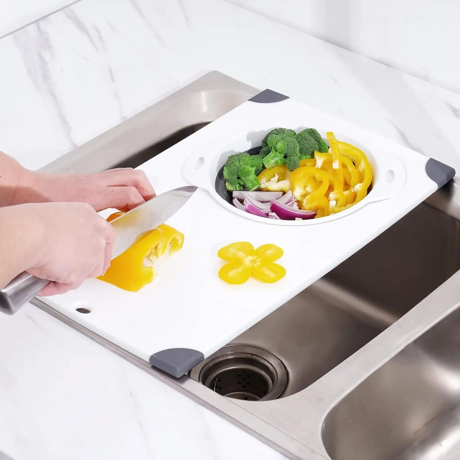 Over the Sink Cutting Board with Collapsible Colander, 2-In-1 Sink Drainer Board 11"x17.7" Anti-Slip Cutting Board and Detachable Draining Basket with Ergonomic Handle PP Plastic and TPR Rubber Chopping Kitchen Knives Lightweight