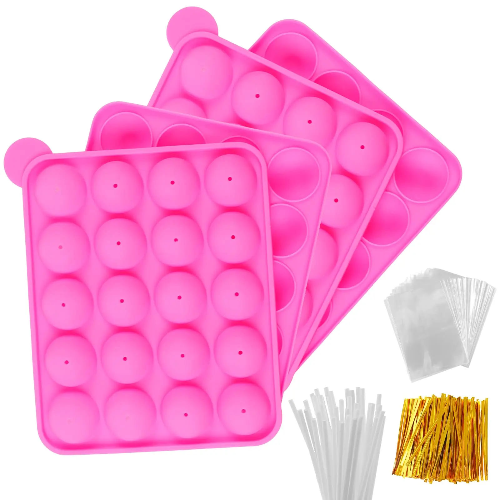 242 Pcs Silicone Cake Pop Mold Set,Including 2 Pack Lollipop Molds Kit with 40 Cake Pop Sticks,100 Candy Treat Bags,and 100 Gold Twist Ties,Ideal For Chocolate Lollipop,Candy,DIY Hand Tools Kits