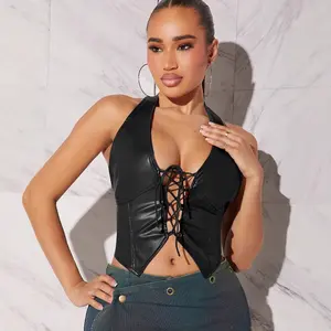 Sexy Lace-up Backless Solid Color Corset Vest Leather Halter Neck Elegant Hot Girl Top