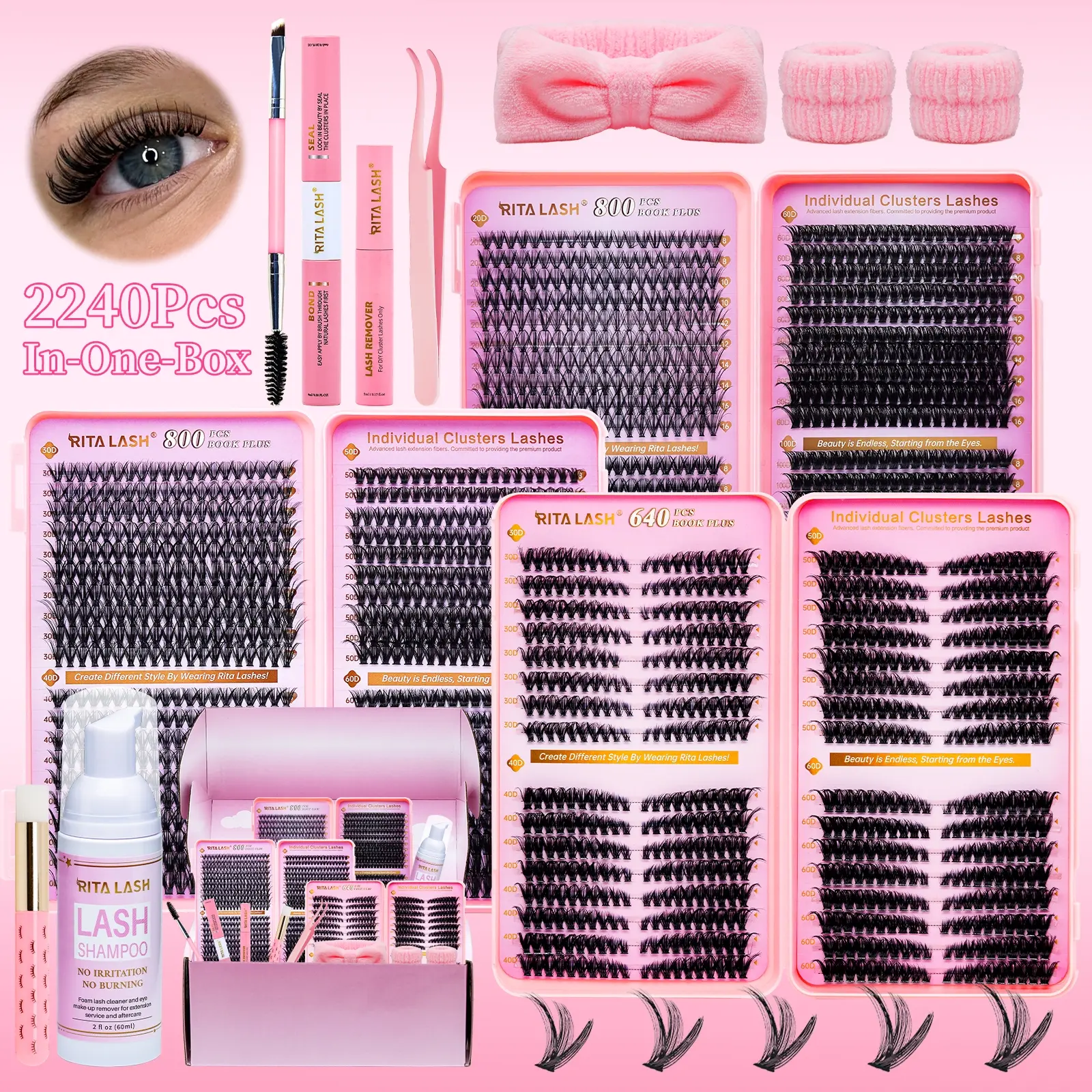RITALASH 2240PCS Cat Lash D Curl Individual False Eyelashes Individual Lashes Clusters, Eyelash Cluster Set, Diy Lashes Black Soft Eyelash Extensions Kit With Lash Bond&Seal Lash Remover Tweezers Dual-Ended Brush Shampoo&Brush