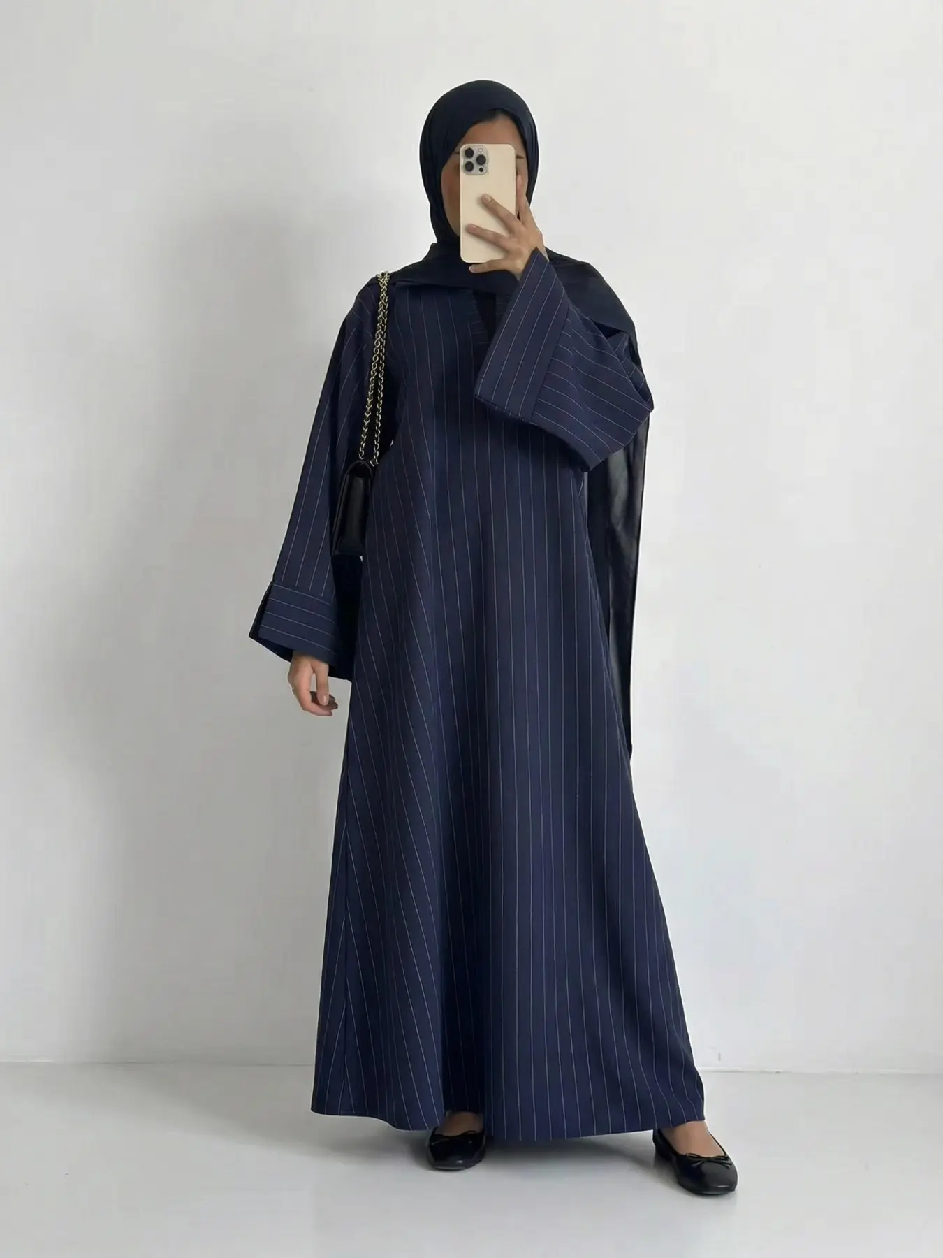 Muslim Women's Loose Striped V Neck Dress Robe, Islamic Clothing, Strong Wrapping, Contains Pockets, No Headscarf, Long Sleeve, Modest Style
