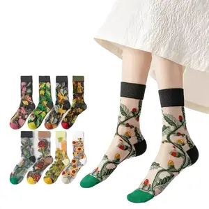 BotaniBabe Sheer Bloom Socks - Embroidered Crystal Silk Socks Comfy Cozy Gorgeous Embroidery for All Seasons Women's Fashionable Plant Inspired Floral & Garden Goddess Vibes