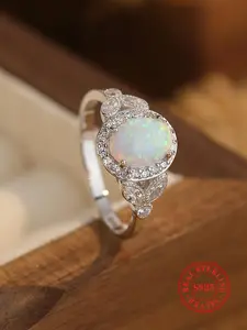 S925 Sterling Silver Opal Decorated Ring, 2024 New Style Fashion Accessories for Women & Girls, Trendy All-match & Exquisite Engagement Ring for Birthday Gift