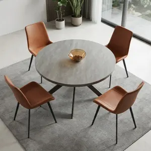 HIPIHOM 5 Piece Dining Room Set, Round Sintered Stone Table & 4 Leather Chairs,Scratch-Resistant & Durable Carbon Steel Frame, Premium Furniture for Quality Family Dining & Kitchen Decor