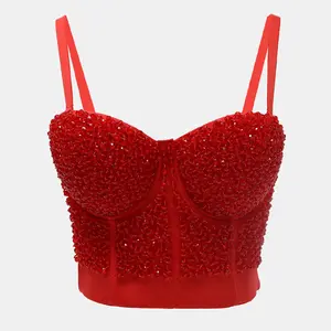Tube Tank Halter Tops Bra Blusas Short Sexy Corset Fishbone Clothing Sling Rhinestone Red Wedding Party Blind Date Stage Party Shaper Ladies Elevated Going Out Crop Tube Top Weighted Vests Spaghetti Strap