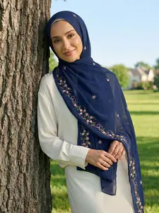 Women Floral Embroidered Chiffon Hijab Scarf, Cute Eyelet Embroidered Turban, Breathable Long Shawl for All Seasons, Muslim Fashion Daily Wear