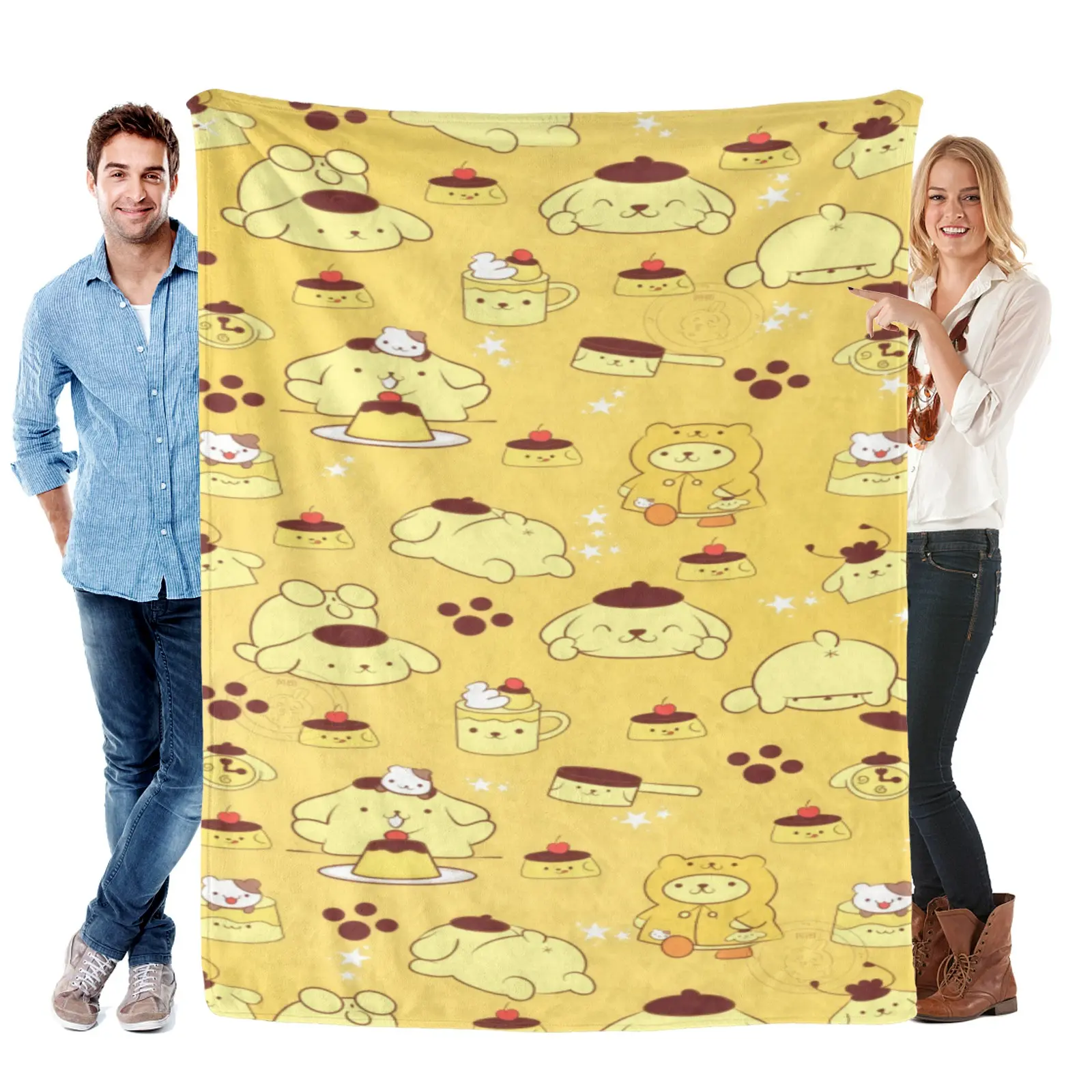 Sanrio Yellow Pudding Print Pompompurin Blanket, Soft Fleece Throw Blanket, Sofa Decor Cover, Gifts For Fans Collecting Sanrio Blanket