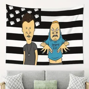 Tapestry 1Pc Beavis & Butt-Head Wall Hanging - Black And White Stripes With American Flag Pattern, Soft Peach And Light Beige Fabric, Horizontal Home Decor For Living Room, Bedroom, Office, Party - No Electricity Required, Party Decoration |   Mode
