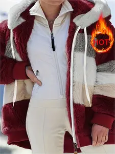 Women's Fall Winter Loose Fit Hooded Plush Jacket, Casual Long Sleeve Zipper Coat, Multiple Colors Available, Warm and Cozy Outerwear, Womenswear