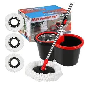 Spin Mop & Bucket Set with 3 Microfiber Pads, 61-inch Adjustable Handle, Stainless Steel Wringer, Black, Ideal for Floor Cleaning, Effortless & Hygienic interchangeable head washable towel tool duster and scrubber