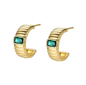 Aurem 14K Gold Plated  C-Hoop Earrings for Women, Bezel Set Emerald Cut Nano  Stone  Hoops, Chunky Ribbed Chunky Statement Jewelry
