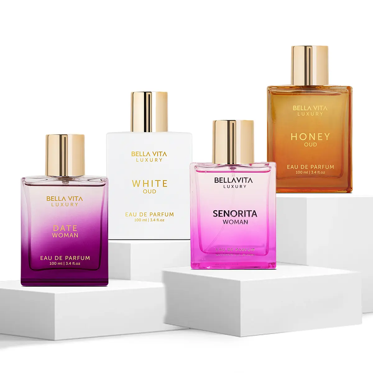 The Showstopper by BellaVita Luxury | Honey Oud, White Oud, Senorita & Date | 4 x 3.4 Fl.oz (100ml) Perfume Set | Women’s Everyday & Party Wear | Long-Lasting Eau De Parfum | Premium Gifting Bestseller