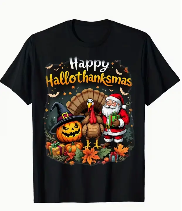 Hallothanksmas for Halloween Thanksmas Holiday Season T-Shirt  Christmas Birthday Gift for  Family Friends,nal Celebration Shirt, Casual Style, Short Sleeve Tee, Durable Print, Highquality Tee, Printed Top,