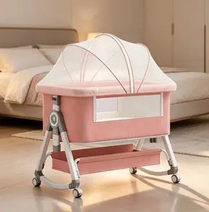 Pink 6-Level Height Adjustable Baby Bedside Bassinet, Rocking Baby Crib with Breathable Mesh, Mattress, Wheels, Mosquito Net & Storage – Newborn Sleep Bed cosleeper