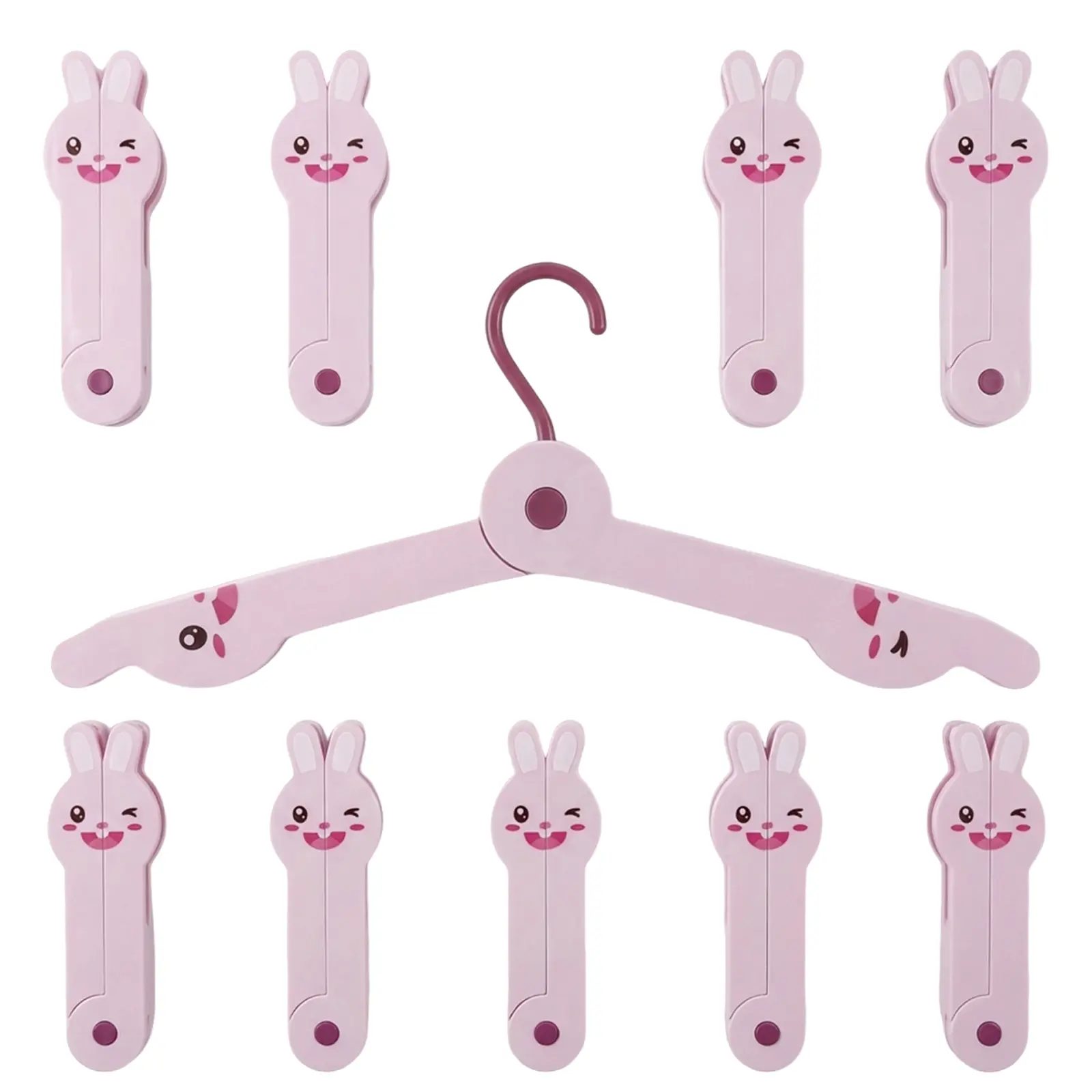 10 Pcs foldable children’s hangers, travel portable folding hangers, approximately 14 inches in size, includes 2 clips, pink and cream white clothing hangers, suitable for underwear, socks, kids’ clothes, and travel outfits, space-saving.