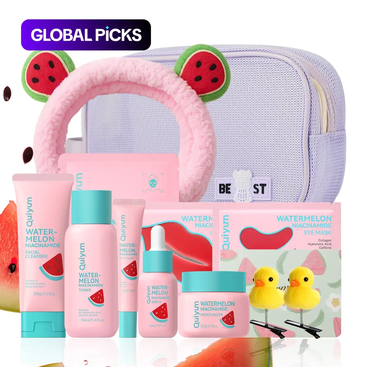 Quiyum Watermelon Skincare Set, Cleanser, Toner, Serum, Eye Cream and Essence Cream, Plus Mask, Bandeau, Hairpin, Card and Makeup Bag, Moisturizing Skin Care Kit for Women and Girls, Best Gift Ideas, Gift Sets #GLOBAL PICKS