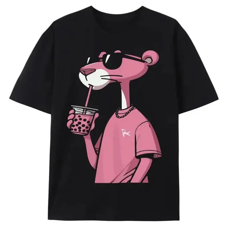 Unisex Cool Pink Panther & Boba Tea Graphics Short-Sleeved Sports Top, Relaxed Fit Washed Cotton Fabric, Summer Casual Streetwear for Men & Women, Apparel, All Over Print, All Seasons