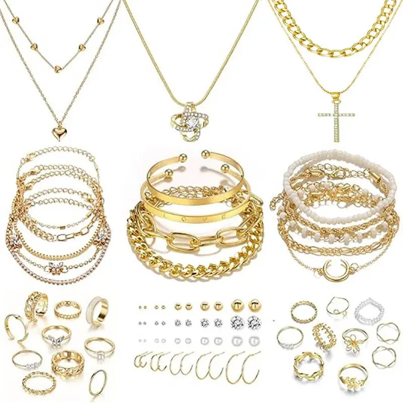 Golden 58pcs Cross Jewelry Set, Classic Style Gold Plated Alloy Accessories for Women, Stackable for Parties & Holiday Gifts