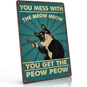 Mess With The Meow Meow Get The Pew Pew 12x8 Inch Aluminum Metal Sign - Funny Cat Lover Wall Decor for Cat Room, Bedroom, Man Cave, Catio - Retro Tin Sign Gift for Cat Owners, Gun Enthusiasts and Humor Fans