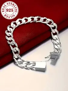 High-End Fashion 925 Sterling Silver Plaid Chain Cuban Link Bracelet Jewelry, Elegant Jewelry Bracelet, Perfect Gift for Boyfriend/girlfriend, Hypoallergenic Daily Accessory