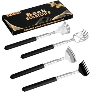 4 Pack Different Back Scratcher Portable Telescoping with Rubber Handles, Extendable Metal Back Massager Tool with Beautiful Box, Stocking Stuffers for Men Women Adults (Black)