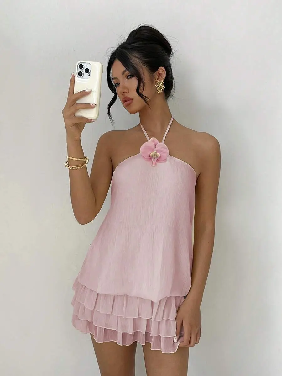 ROSSIE Light Pink Low Waist Super Short Sexy 3D Floral Camisole Backless Ruffle Hem Mini Dress Party Beach Vacation Summer Dress